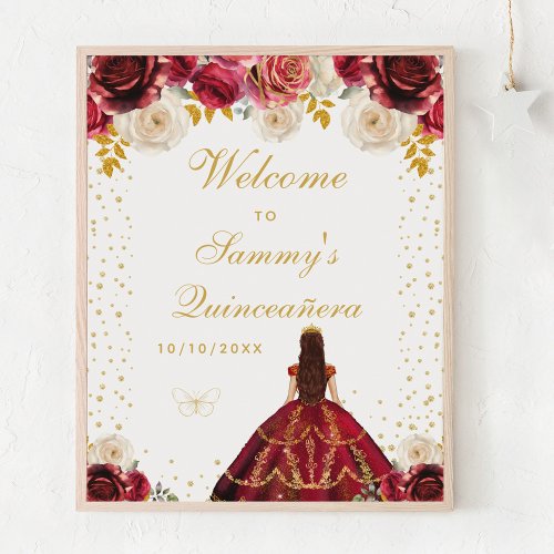 Red Floral Princess Quinceaera Welcome Poster