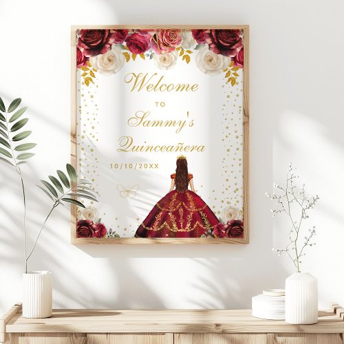 Red Floral Princess Quinceaera Welcome Poster