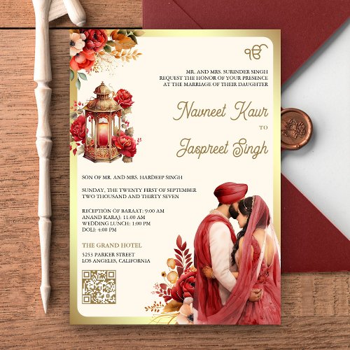 Red Floral QR Code Anand Karaj Sikh Wedding Invitation