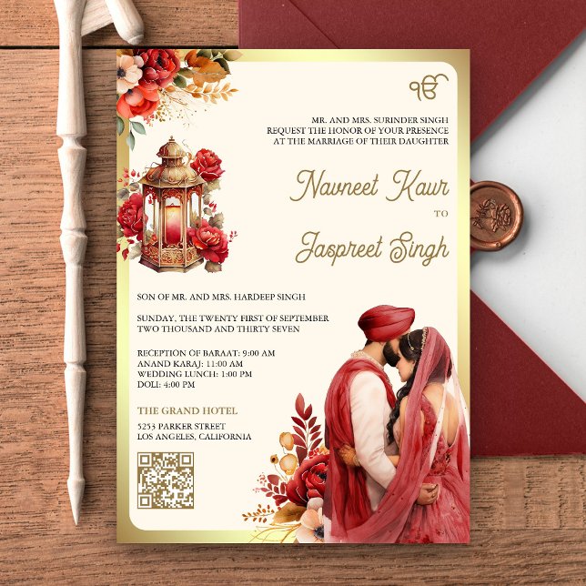 Red Floral QR Code Anand Karaj Sikh Wedding Invitation (Creator Uploaded)