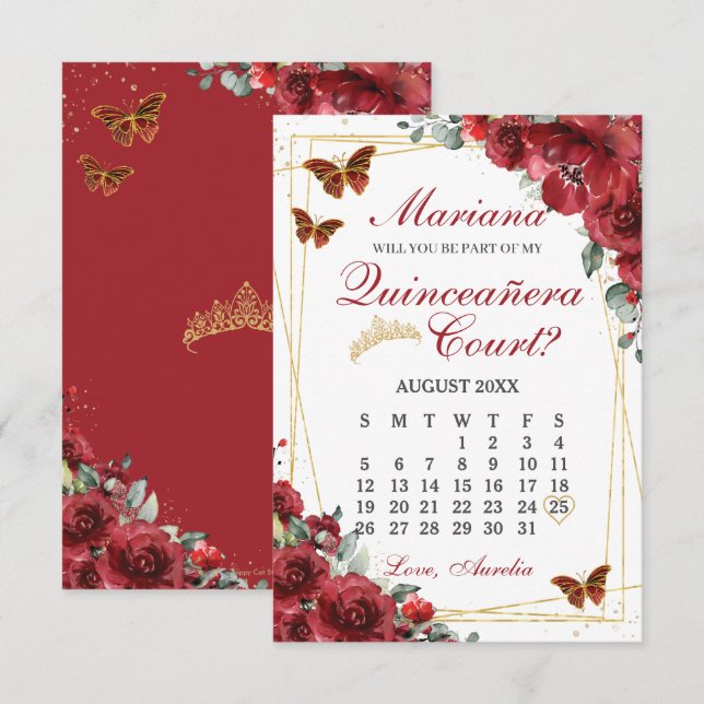 Red Floral Quinceanera 15 Court Proposal Card (Front/Back)