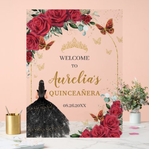 Red Floral Quinceaera Black Dress Butterflies Acrylic Sign