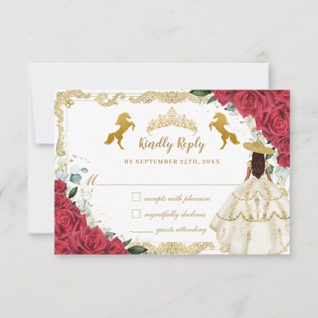 Red Floral Quinceañera Charro Horse White Dress RSVP Card (Front)