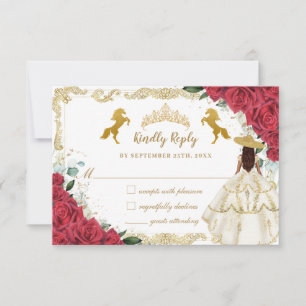 Red Floral Quinceañera Charro Horse White Dress RSVP Card