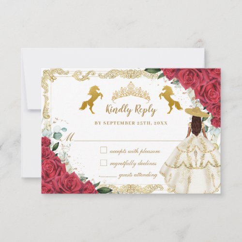 Red Floral Quinceaera Charro Horse White Dress RSVP Card