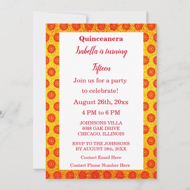 Red Floral Quinceanera Gold Glitter 15th Birthday Invitation (Front)