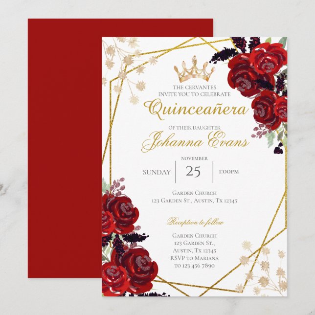 Red Floral Quinceanera Invitation (Front/Back)