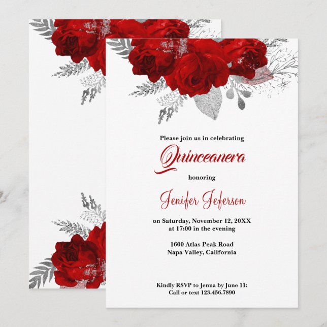 Red floral Quinceanera Invitation (Front/Back)