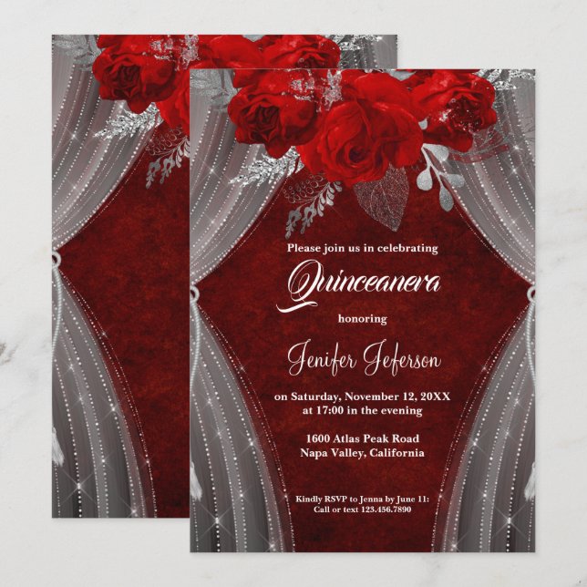 Red floral Quinceanera Invitation (Front/Back)