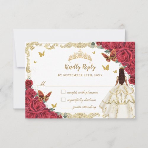Red Floral Quinceaera Ivory White Dress Princess  RSVP Card
