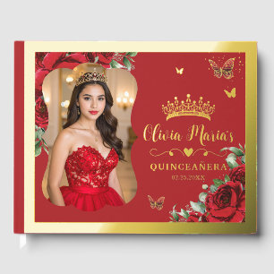 Red Floral Quinceanera Mis 15 Anos Sweet 16 Photo Foil Guest Book