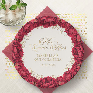 Red Floral Quinceanera Paper Plates
