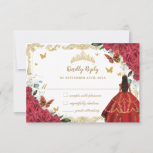 Red Floral Quinceañera Princess Crown Vintage Gold RSVP Card