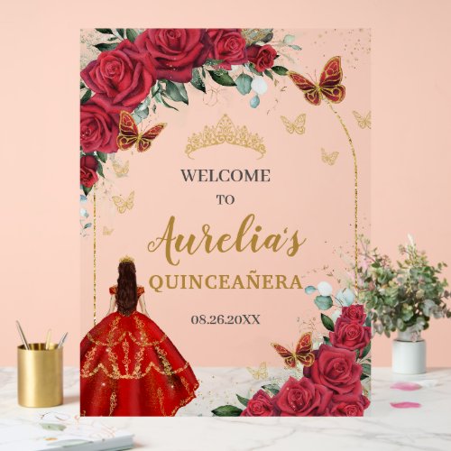Red Floral Quinceaera Princess Gold Butterflies Acrylic Sign