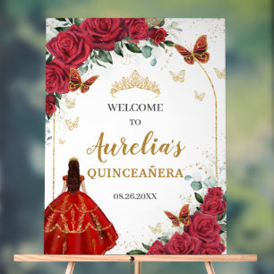 Red Floral Quinceañera Princess Gold Butterflies Acrylic Sign