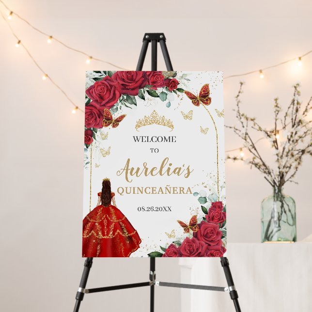 Red Floral Quinceañera Princess Gold Butterflies Foam Board (In Situ (Stand))