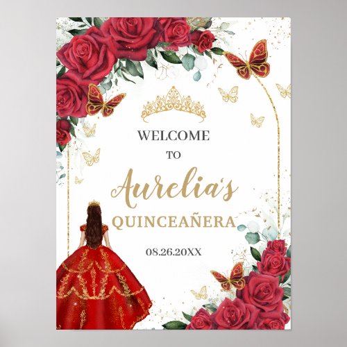 Red Floral Quinceaera Princess Gold Butterflies Poster