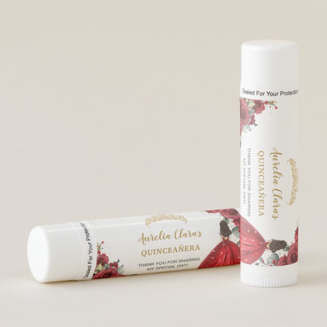 Red Floral Quinceañera Quince XV Princess Favor Lip Balm (Front)