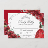 Red Floral Quinceañera Silver Tiara Princess Dress RSVP Card (Front/Back)