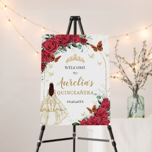 Red Floral Quinceañera White Dress Butterflies Foam Board