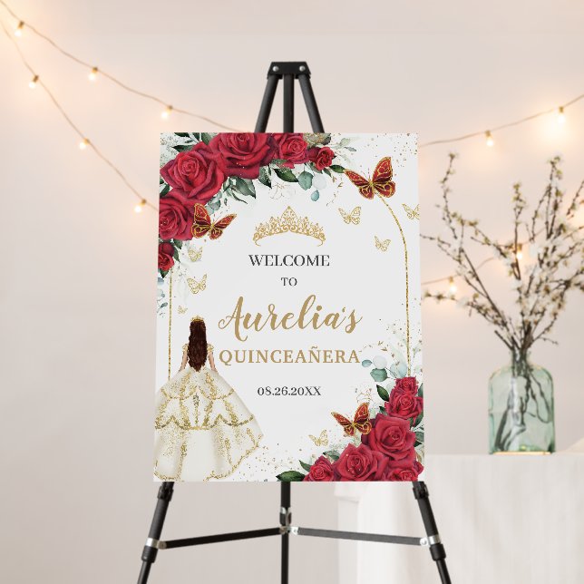 Red Floral Quinceañera White Dress Butterflies Foam Board (In Situ (Stand))