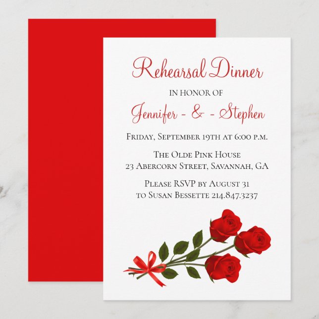 Red Floral Rehearsal Dinner Rose Flowers Wedding Invitation (Front/Back)