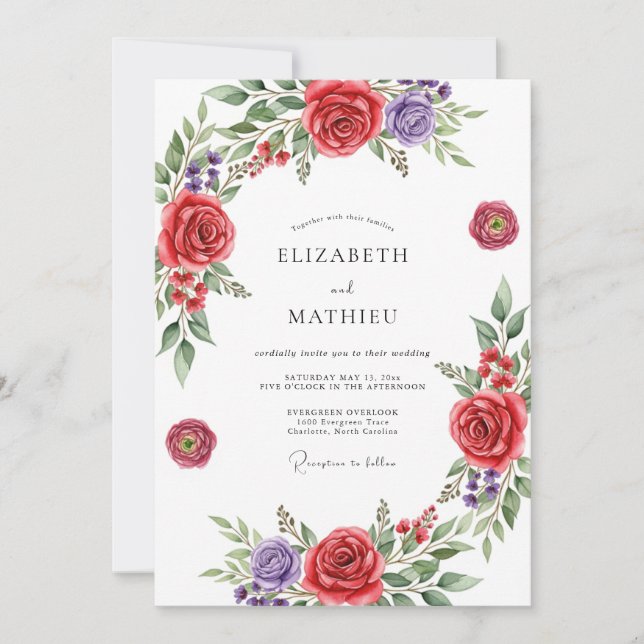 Red Floral Romantic Wedding Invitation (Front)