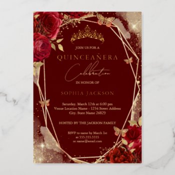 Red Floral Rose Gold Tiara Quinceanera Foil Invita Foil Invitation by LittleBayleigh at Zazzle