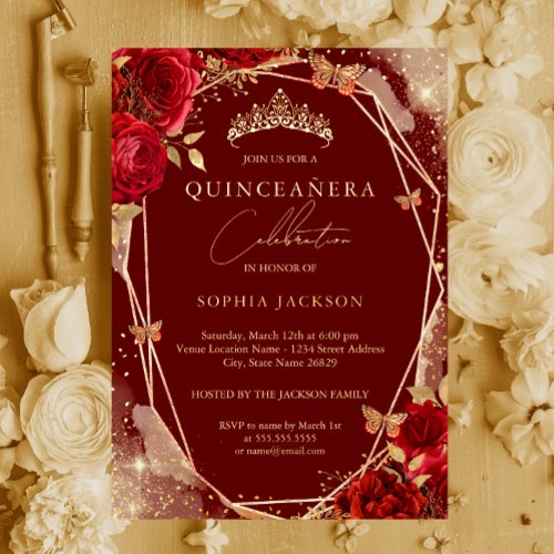 Red Floral Rose Gold Tiara Quinceanera Foil Invita Foil Invitation