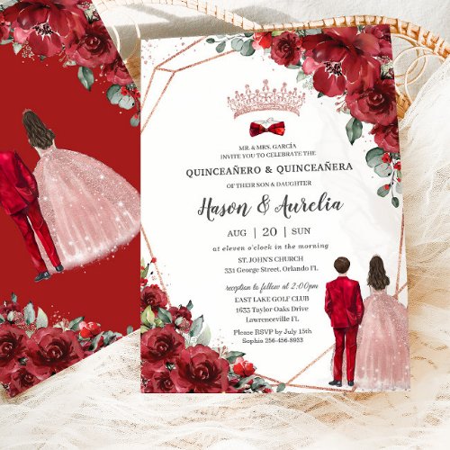 Red Floral Rose Gold Twins Boy Girl Quinceaera Invitation