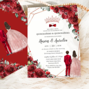 Red Floral Rose Gold Twins Boy Girl Quinceañera Invitation
