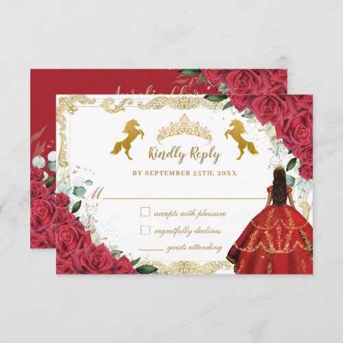 Red Floral Rose Quinceaera Charro Gold Horse Shoe RSVP Card