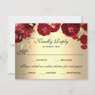 Red Floral Roses Gold Meal Selection RSVP Card