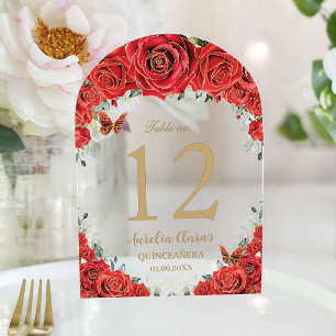 Red Floral Roses Gold Quinceañera 16 Table Number