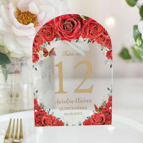 Red Floral Roses Gold Quincea&#241;era 16 Table Number
