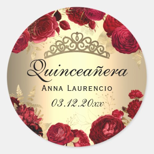 Red Floral Roses Gold Quinceanera Classic Round Sticker