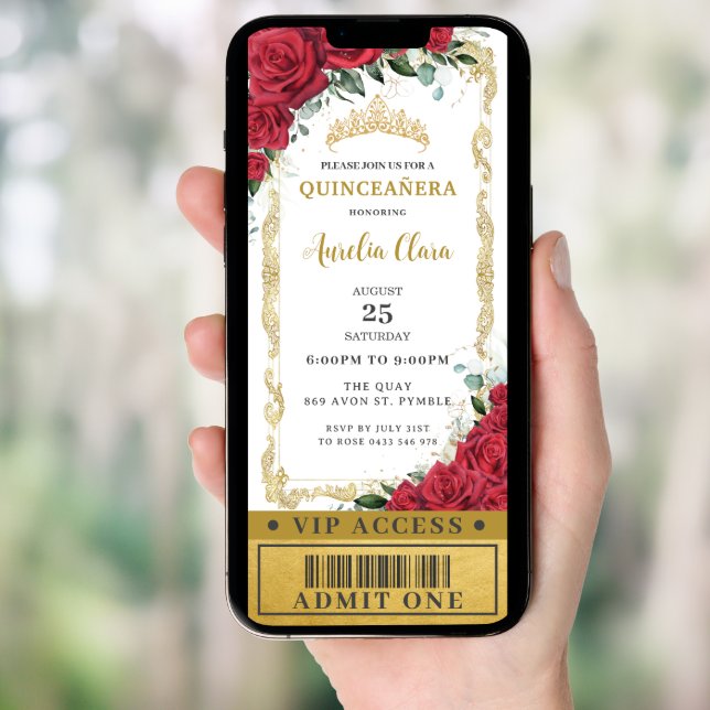 Red Floral Roses Quinceañera Sweet 16 VIP Ticket Invitation (Front Digital)