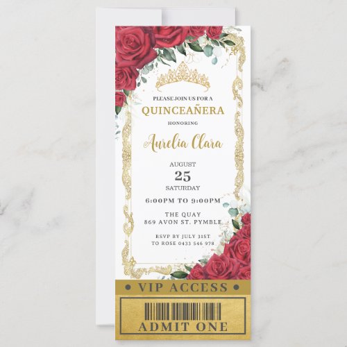 Red Floral Roses Quinceaera Sweet 16 VIP Ticket Invitation