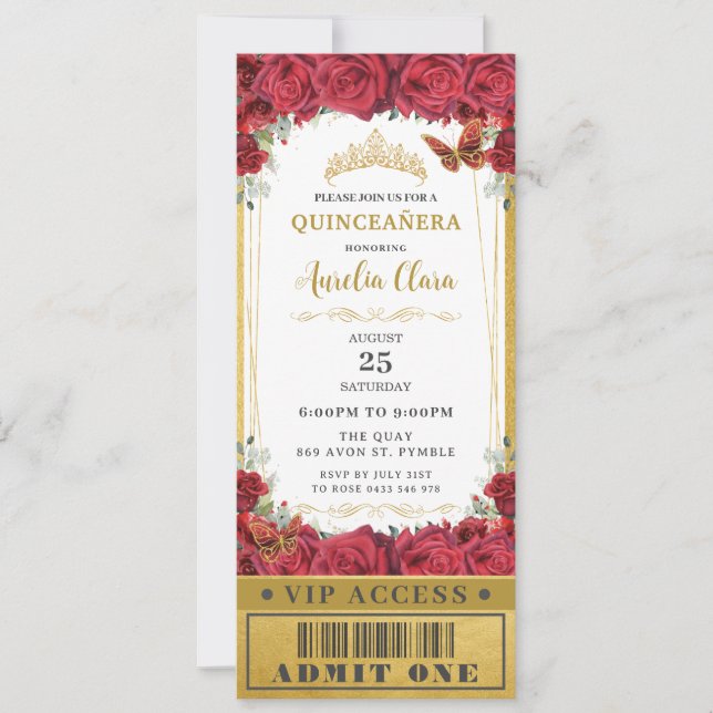 Red Floral Roses Quinceañera Sweet 16 VIP Ticket Invitation (Front)
