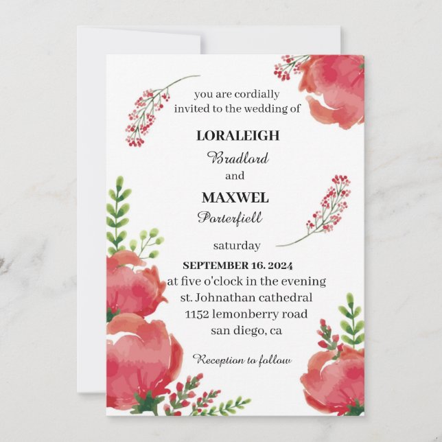 Red Floral Rustic Elegant White Wedding Invitation (Front)