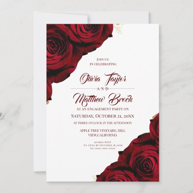 Red Floral Rustic Engagement Party   Invitation (Front)