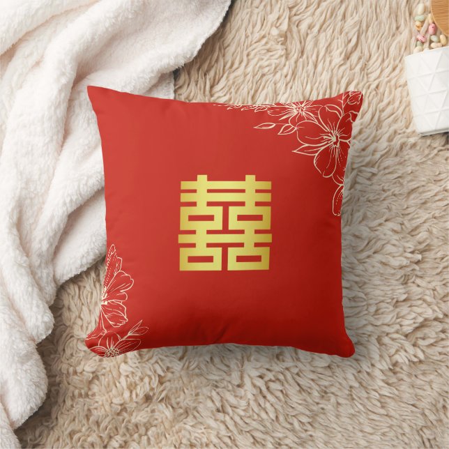 Red floral script Chinese wedding tea ceremony Throw Pillow (Blanket)