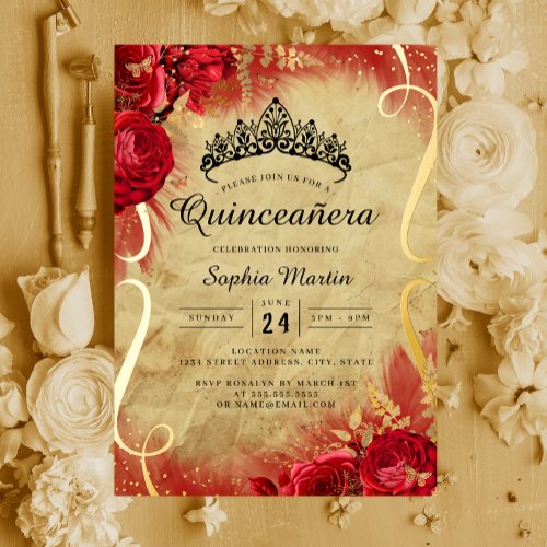 Red Floral Scroll Quinceanera  Foil Invitation