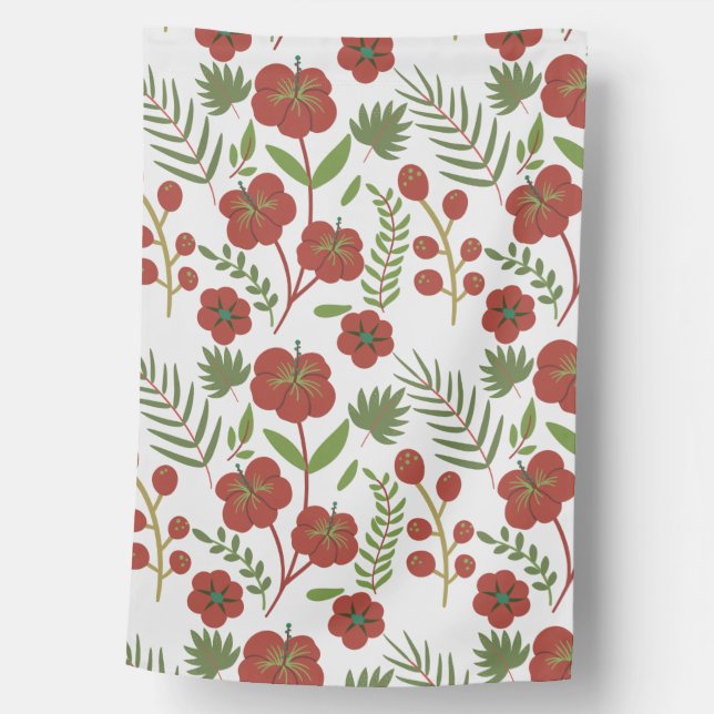 Red floral seamless pattern on white background house flag (Front)