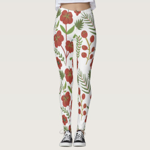 Red floral seamless pattern on white background leggings