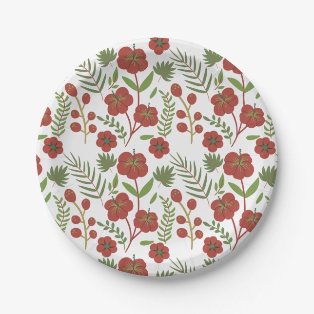 Red floral seamless pattern on white background paper plates (Front)