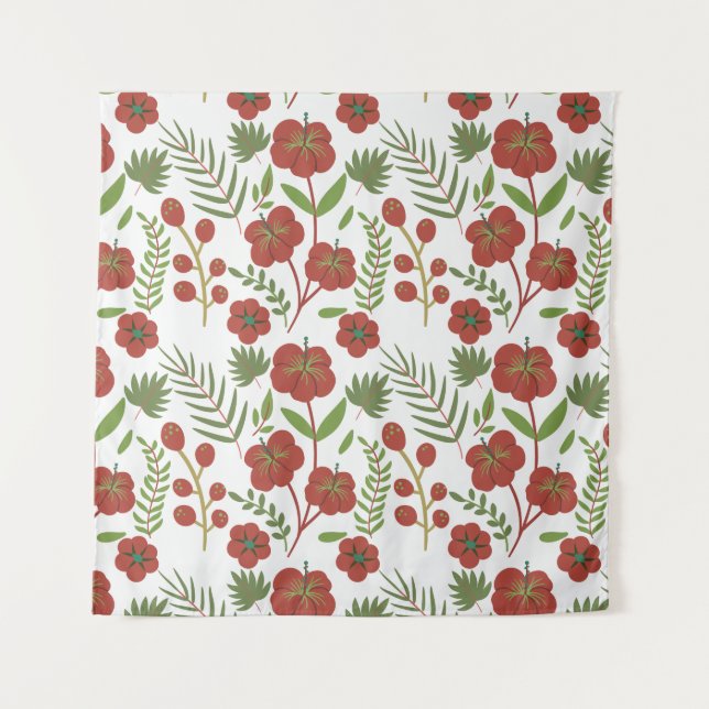 Red floral seamless pattern on white background tapestry (Front)