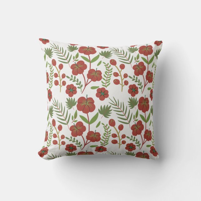Red floral seamless pattern on white background throw pillow (Front)