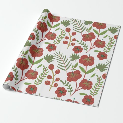 Red floral seamless pattern on white background wrapping paper
