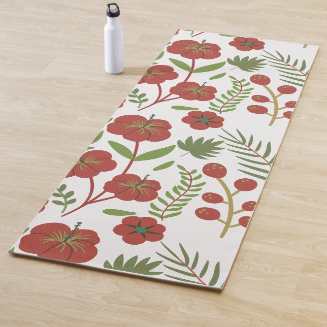 Red floral seamless pattern on white background yoga mat (In Situ)